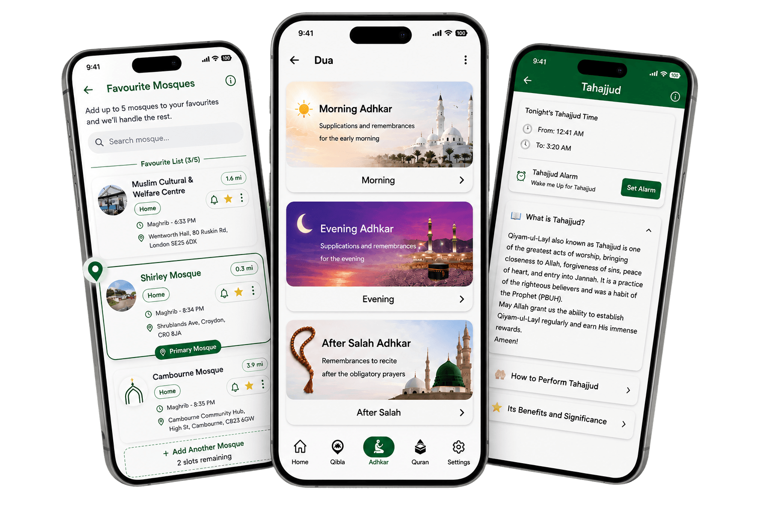 Adhan Salah Times app screens — favourite mosques, duas, and Tahajjud alarm