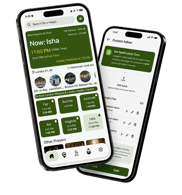 Adhan Salah Times app on two phones